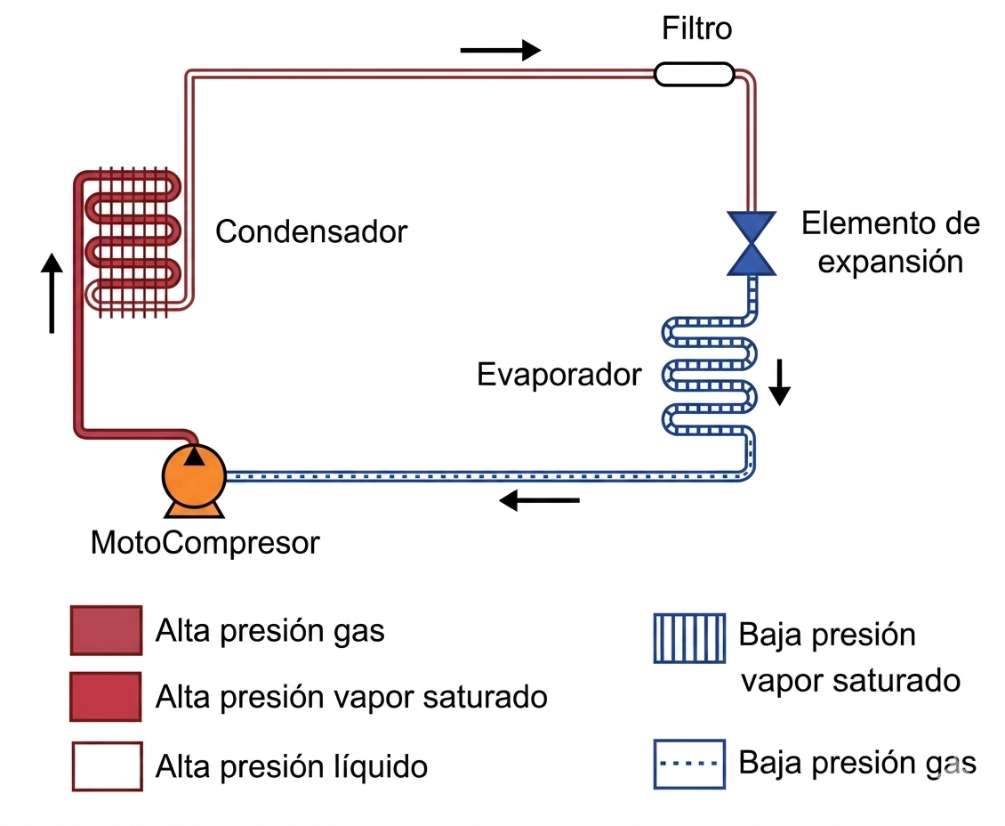 Diagrama del circuito de refrigeración: compresor, condensador, evaporador y elemento de expansión